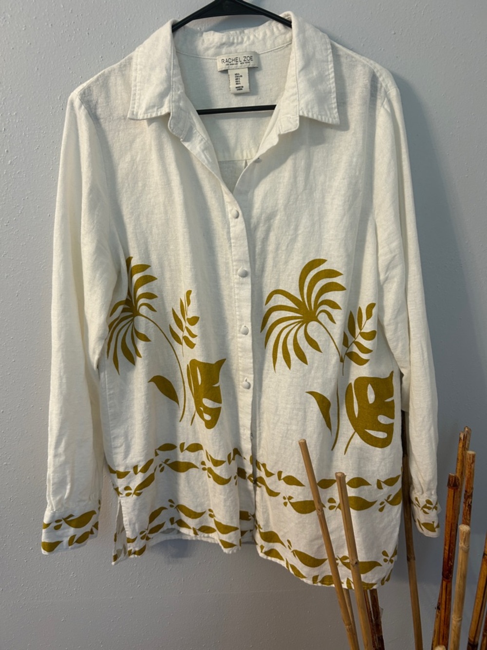 Rachel Zoe Cream Button-Front Blouse with Olive Green Botanical Motif